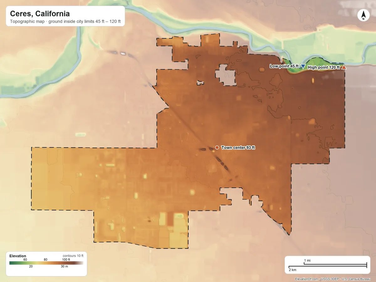 Topographic elevation map of Ceres, California, shaded from 45 ft on the northeast side to 120 ft on the northeast side