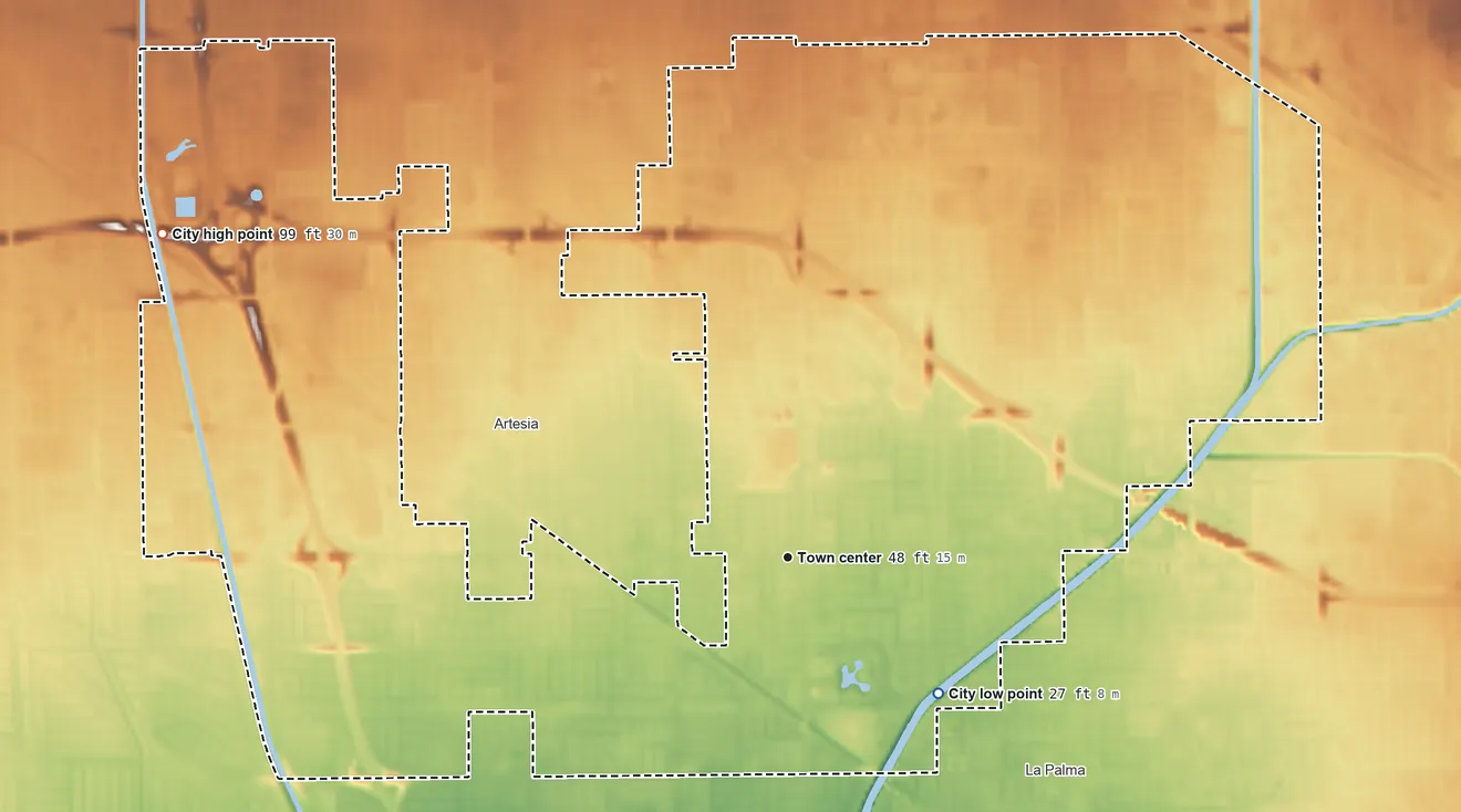 Topographic elevation map of Cerritos, California, shaded from 27 ft on the southeast side to 99 ft on the northwest side