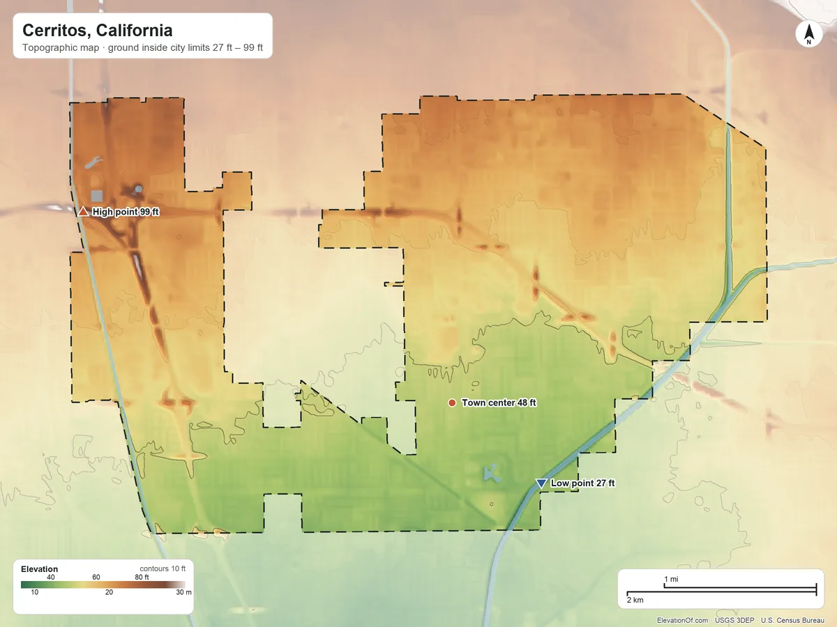 Topographic elevation map of Cerritos, California, shaded from 27 ft on the southeast side to 99 ft on the northwest side