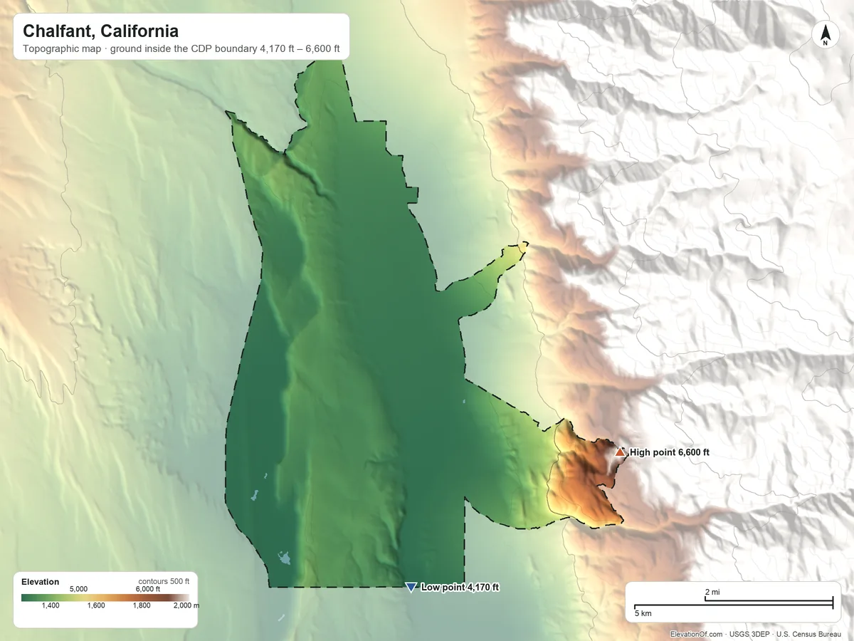 Topographic elevation map of Chalfant, California, shaded from 4,170 ft on the south side to 6,600 ft at the foot of the White Mountains
