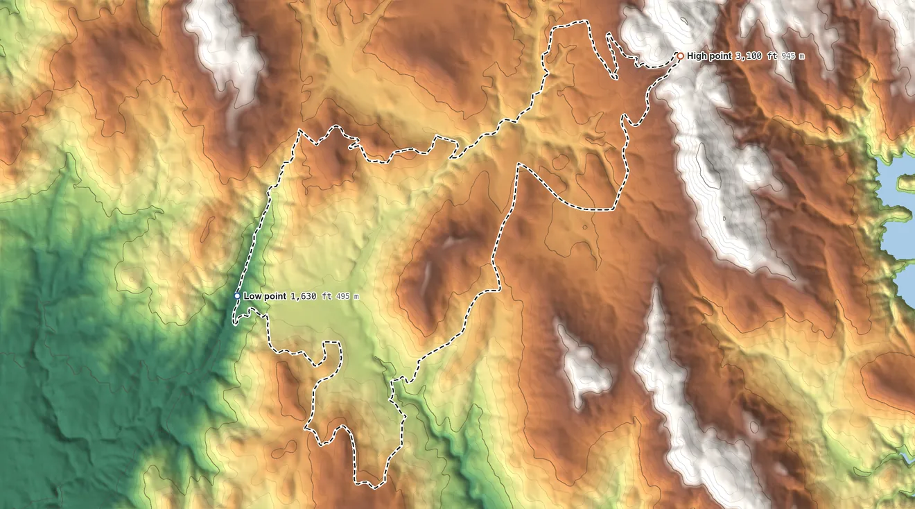Topographic elevation map of Challenge-Brownsville, California, shaded from 1,630 ft on the west side to 3,100 ft on the northeast edge, below higher ground just outside