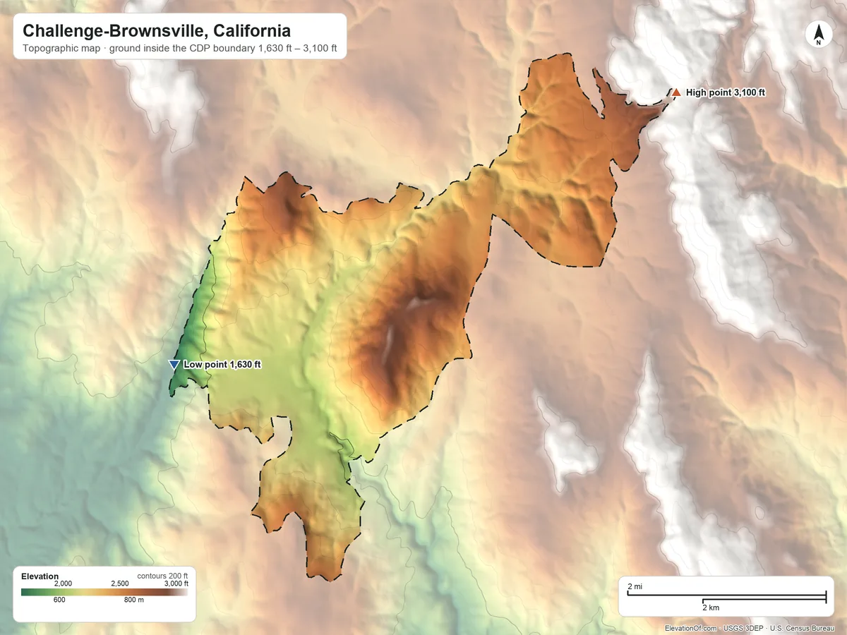 Topographic elevation map of Challenge-Brownsville, California, shaded from 1,630 ft on the west side to 3,100 ft on the northeast edge, below higher ground just outside