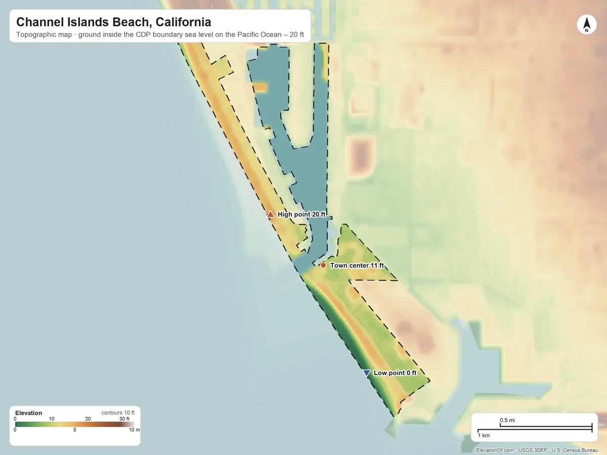 Topographic elevation map of Channel Islands Beach, California, shaded from sea level level on the Pacific Ocean to 20 ft on the northwest side