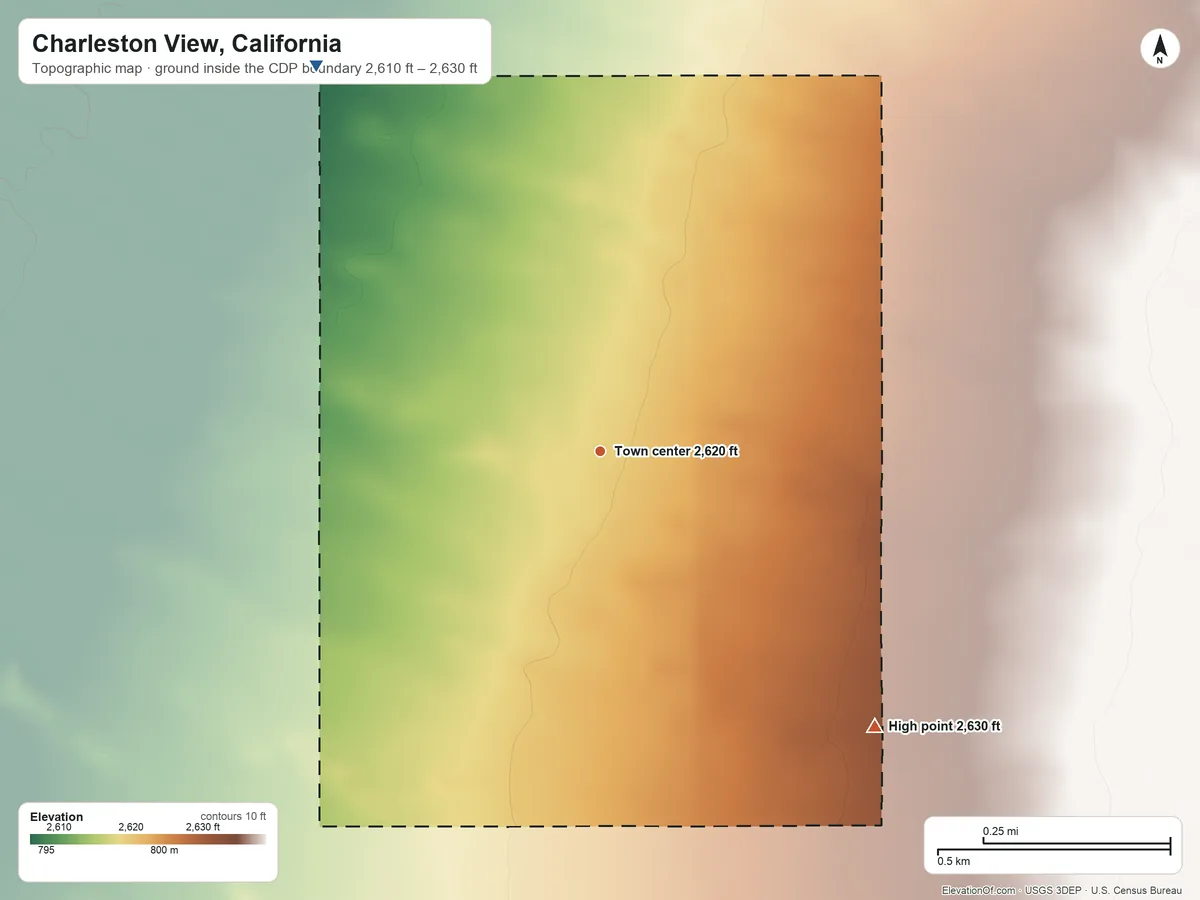 Topographic elevation map of Charleston View, California, shaded from 2,610 ft on the northwest side to 2,630 ft on the southeast side