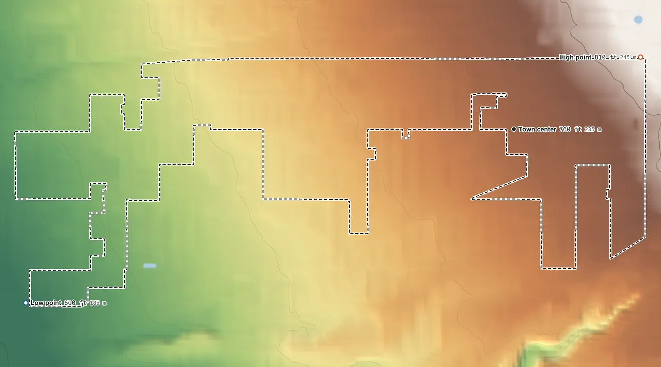 Topographic elevation map of Charter Oak, California, shaded from 610 ft on the west side to 810 ft at the foot of the South Hills