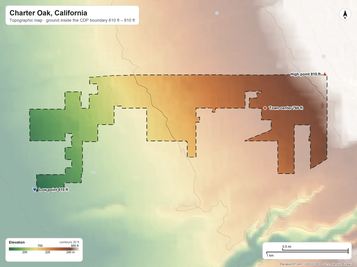 Topographic elevation map of Charter Oak, California, shaded from 610 ft on the west side to 810 ft at the foot of the South Hills