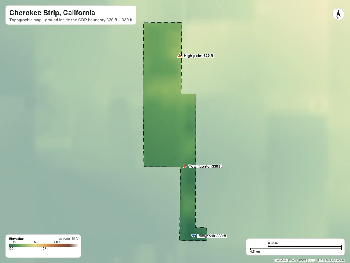 Topographic elevation map of Cherokee Strip, California, shaded from 330 ft on the south side to 330 ft on the north side