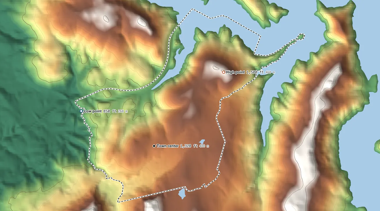 Topographic elevation map of Cherokee, California, shaded from 850 ft on the northwest side to 1,500 ft on Red Hill