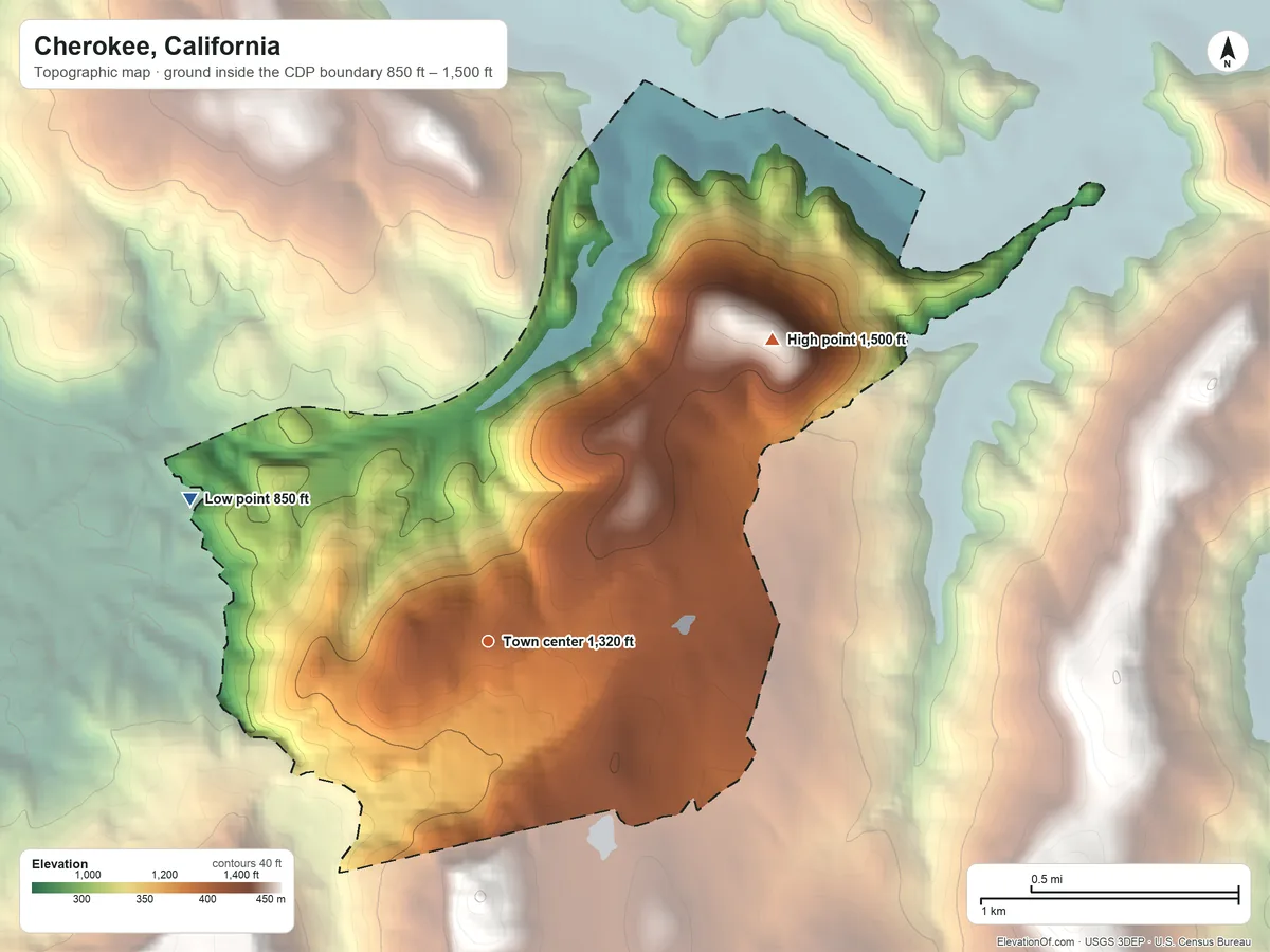 Topographic elevation map of Cherokee, California, shaded from 850 ft on the northwest side to 1,500 ft on Red Hill