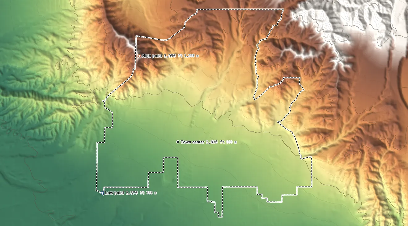 Topographic elevation map of Cherry Valley, California, shaded from 2,570 ft on the southwest side to 3,950 ft on the northwest side