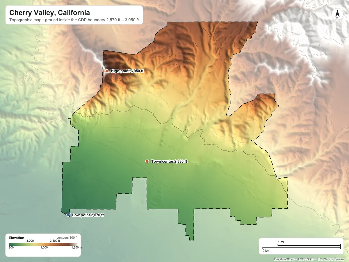 Topographic elevation map of Cherry Valley, California, shaded from 2,570 ft on the southwest side to 3,950 ft on the northwest side