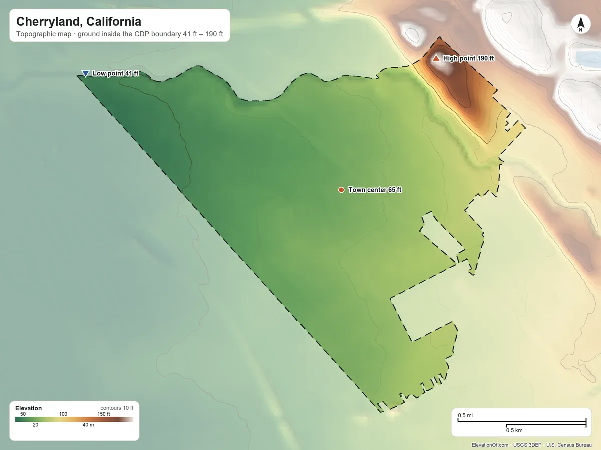 Topographic elevation map of Cherryland, California, shaded from 41 ft on the northwest side to 190 ft at the foot of the San Leandro Hills