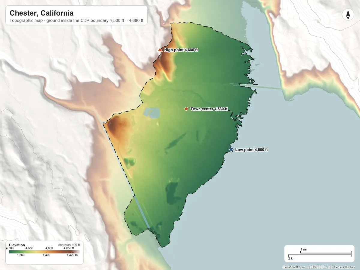 Topographic elevation map of Chester, California, shaded from 4,500 ft on the southeast side to 4,680 ft on the northwest edge, below higher ground just outside