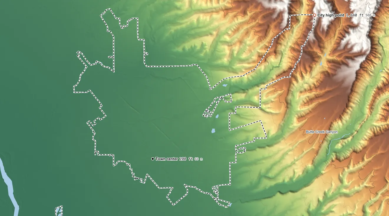 Topographic elevation map of Chico, California, shaded from 130 ft on the southwest side to 1,640 ft on the northeast edge, below higher ground just outside