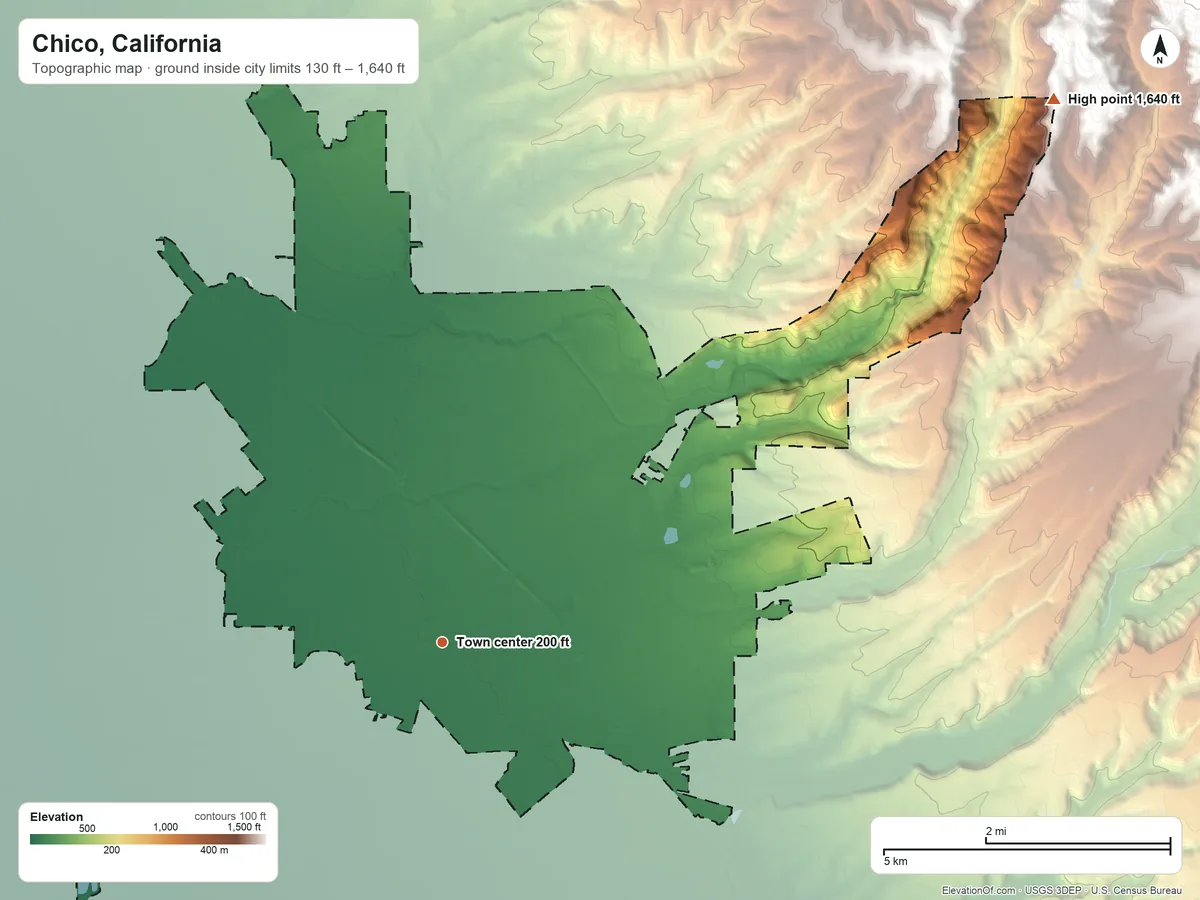 Topographic elevation map of Chico, California, shaded from 130 ft on the southwest side to 1,640 ft on the northeast edge, below higher ground just outside