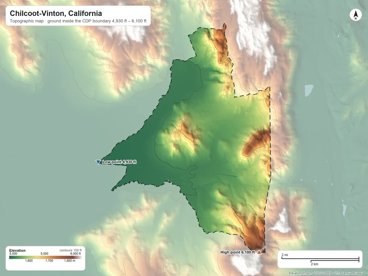 Topographic elevation map of Chilcoot-Vinton, California, shaded from 4,930 ft on the west side to 6,100 ft on the southeast side
