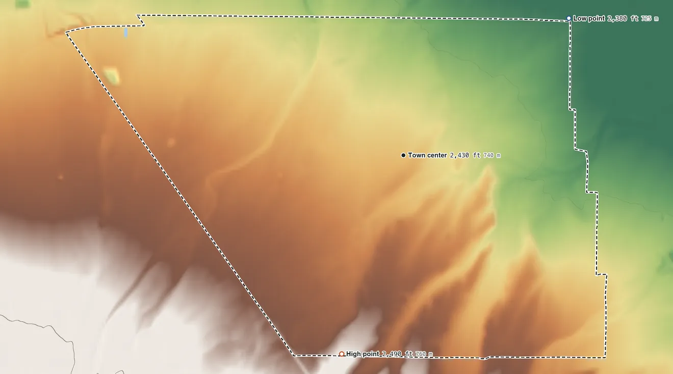 Topographic elevation map of China Lake Acres, California, shaded from 2,380 ft on the northeast side to 2,490 ft on the south side