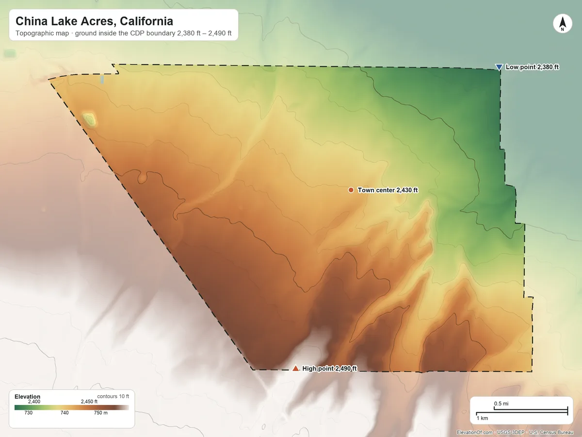 Topographic elevation map of China Lake Acres, California, shaded from 2,380 ft on the northeast side to 2,490 ft on the south side