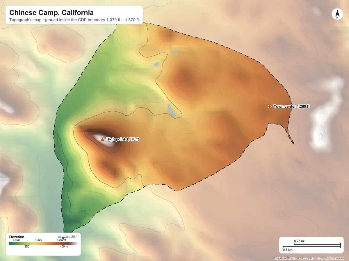 Topographic elevation map of Chinese Camp, California, shaded from 1,070 ft on the southwest side to 1,370 ft on the west side