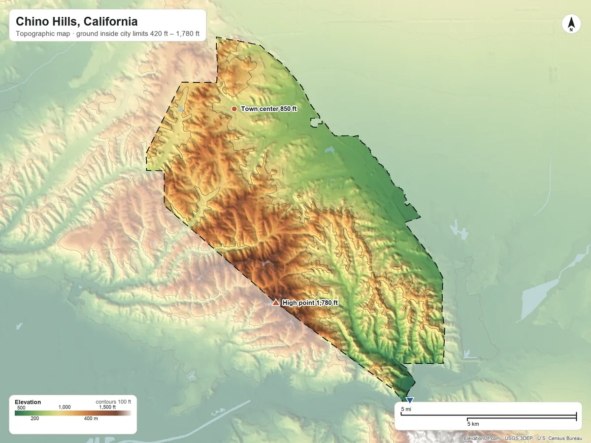 Topographic elevation map of Chino Hills, California, shaded from 420 ft on the southeast side to 1,780 ft on San Juan Hill