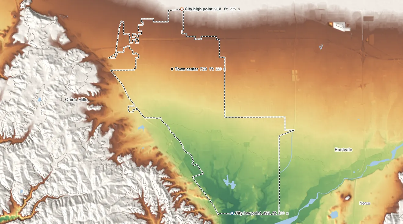 Topographic elevation map of Chino, California, shaded from 490 ft on the southeast side to 910 ft on the north side