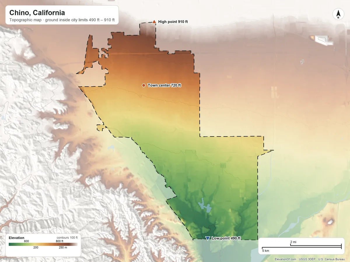 Topographic elevation map of Chino, California, shaded from 490 ft on the southeast side to 910 ft on the north side