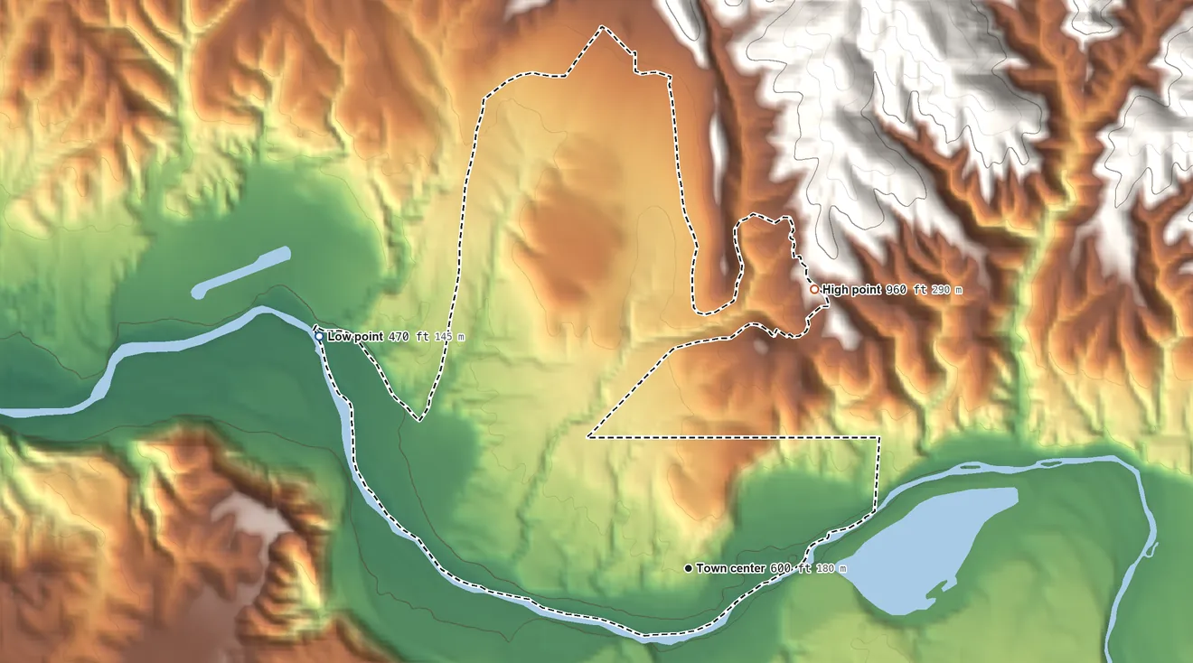 Topographic elevation map of Choctaw Valley, California, shaded from 470 ft on the northwest side to 960 ft on the northeast edge, below higher ground just outside