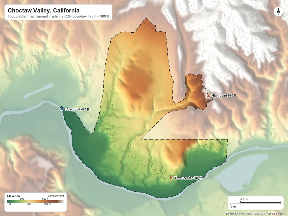 Topographic elevation map of Choctaw Valley, California, shaded from 470 ft on the northwest side to 960 ft on the northeast edge, below higher ground just outside