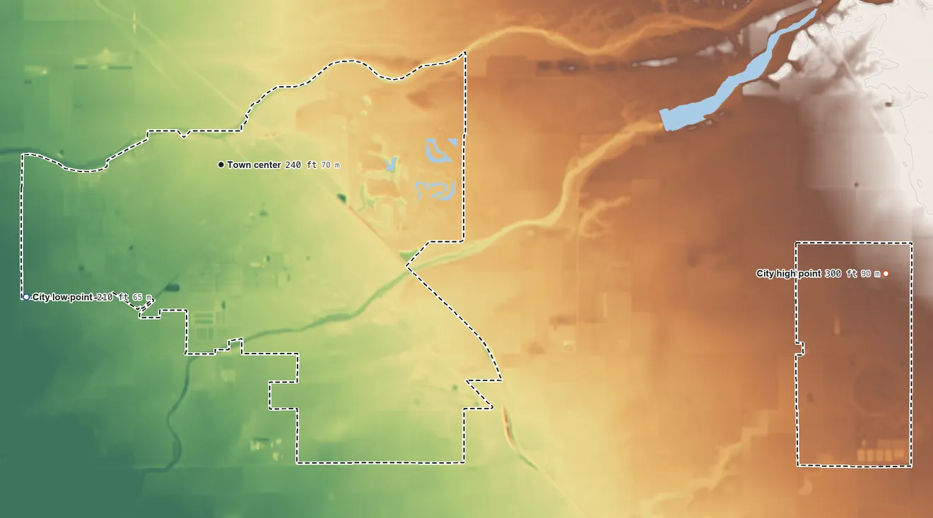 Topographic elevation map of Chowchilla, California, shaded from 210 ft on the southwest side to 300 ft on the east side