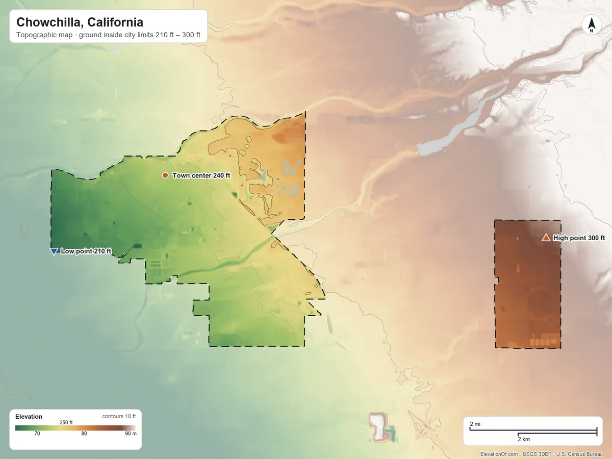 Topographic elevation map of Chowchilla, California, shaded from 210 ft on the southwest side to 300 ft on the east side