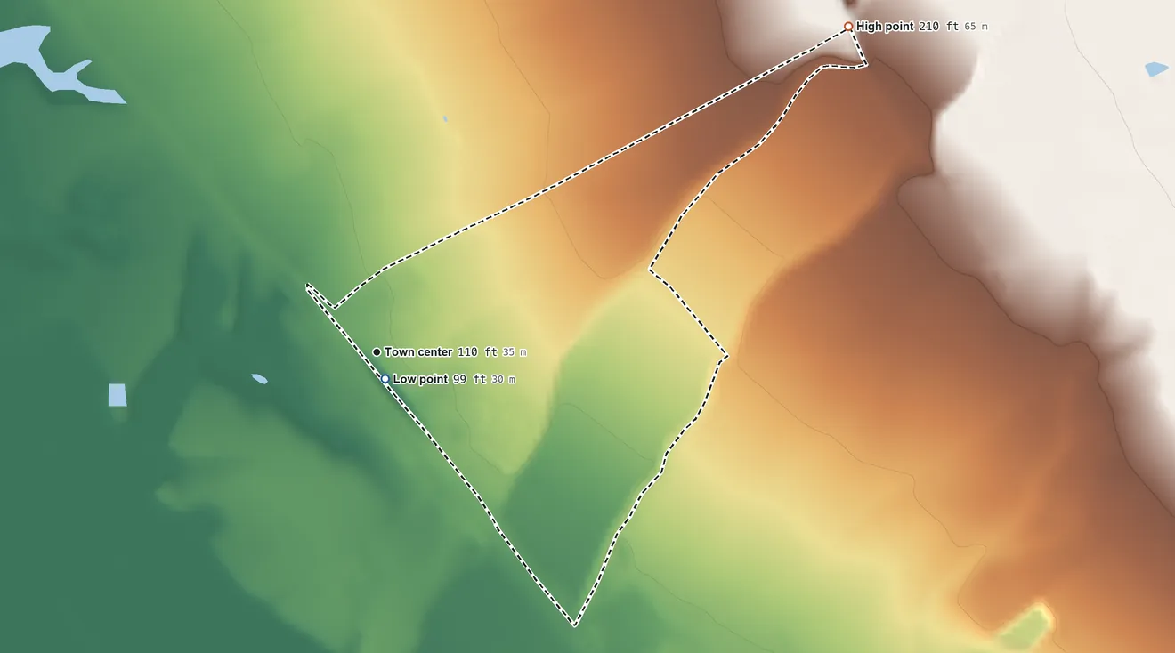 Topographic elevation map of Chualar, California, shaded from 99 ft near the middle to 210 ft on the northeast side