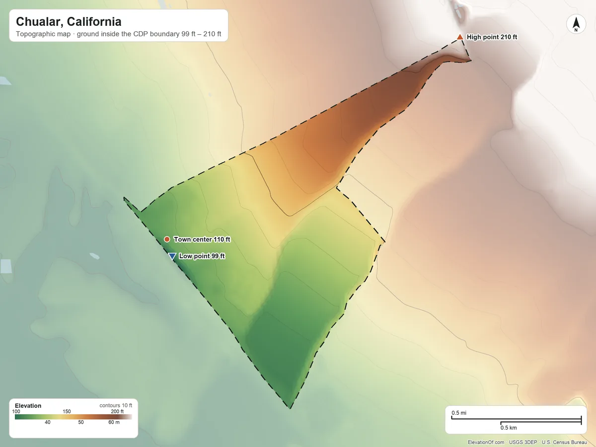 Topographic elevation map of Chualar, California, shaded from 99 ft near the middle to 210 ft on the northeast side