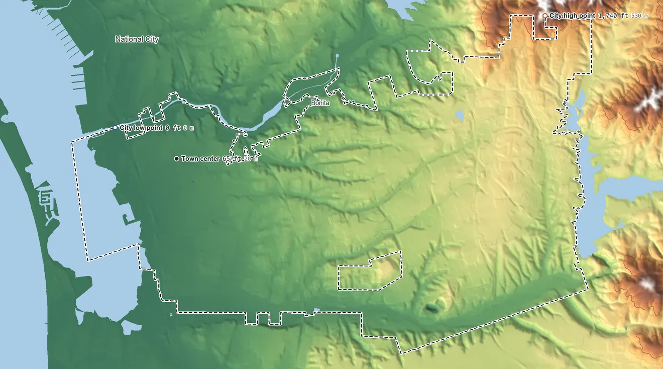 Topographic elevation map of Chula Vista, California, shaded from sea level level on San Diego Bay to 1,740 ft at the foot of the Jamul Mountains