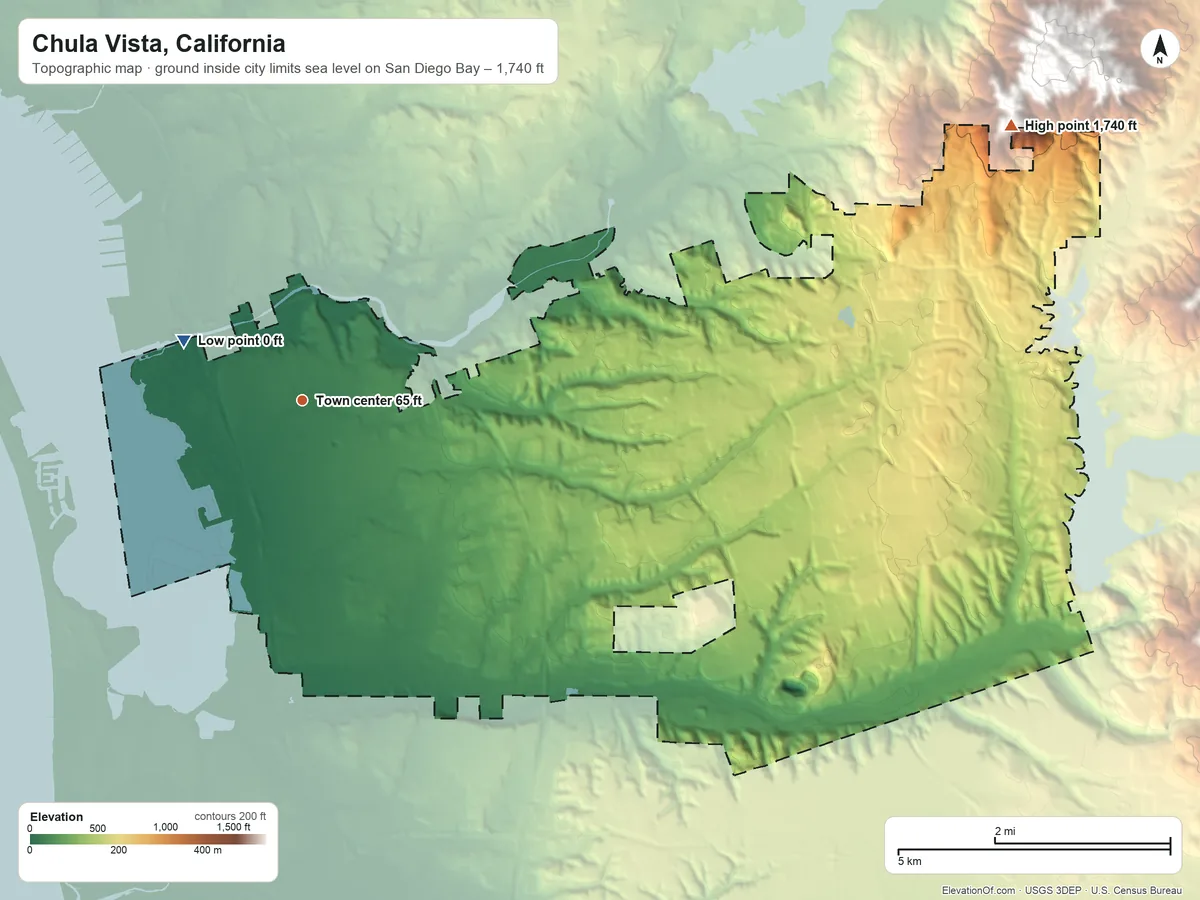 Topographic elevation map of Chula Vista, California, shaded from sea level level on San Diego Bay to 1,740 ft at the foot of the Jamul Mountains