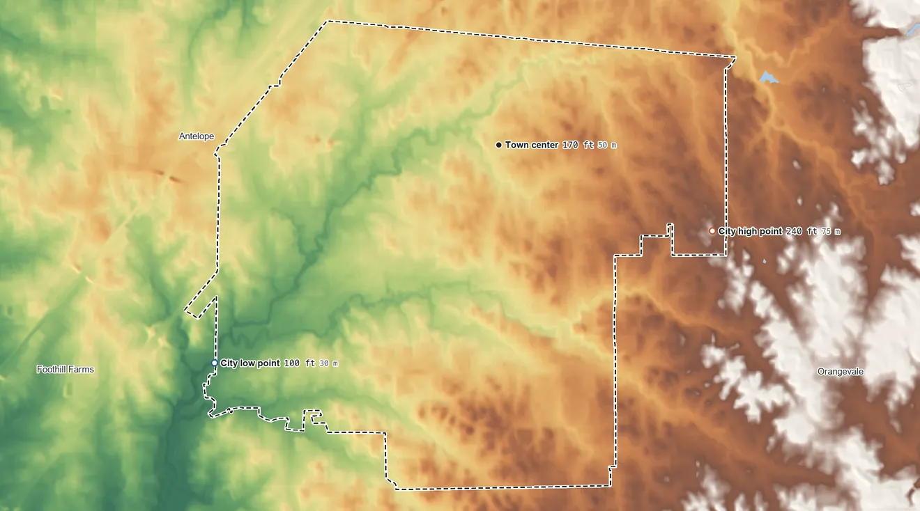 Topographic elevation map of Citrus Heights, California, shaded from 100 ft on the southwest side to 240 ft on the east side