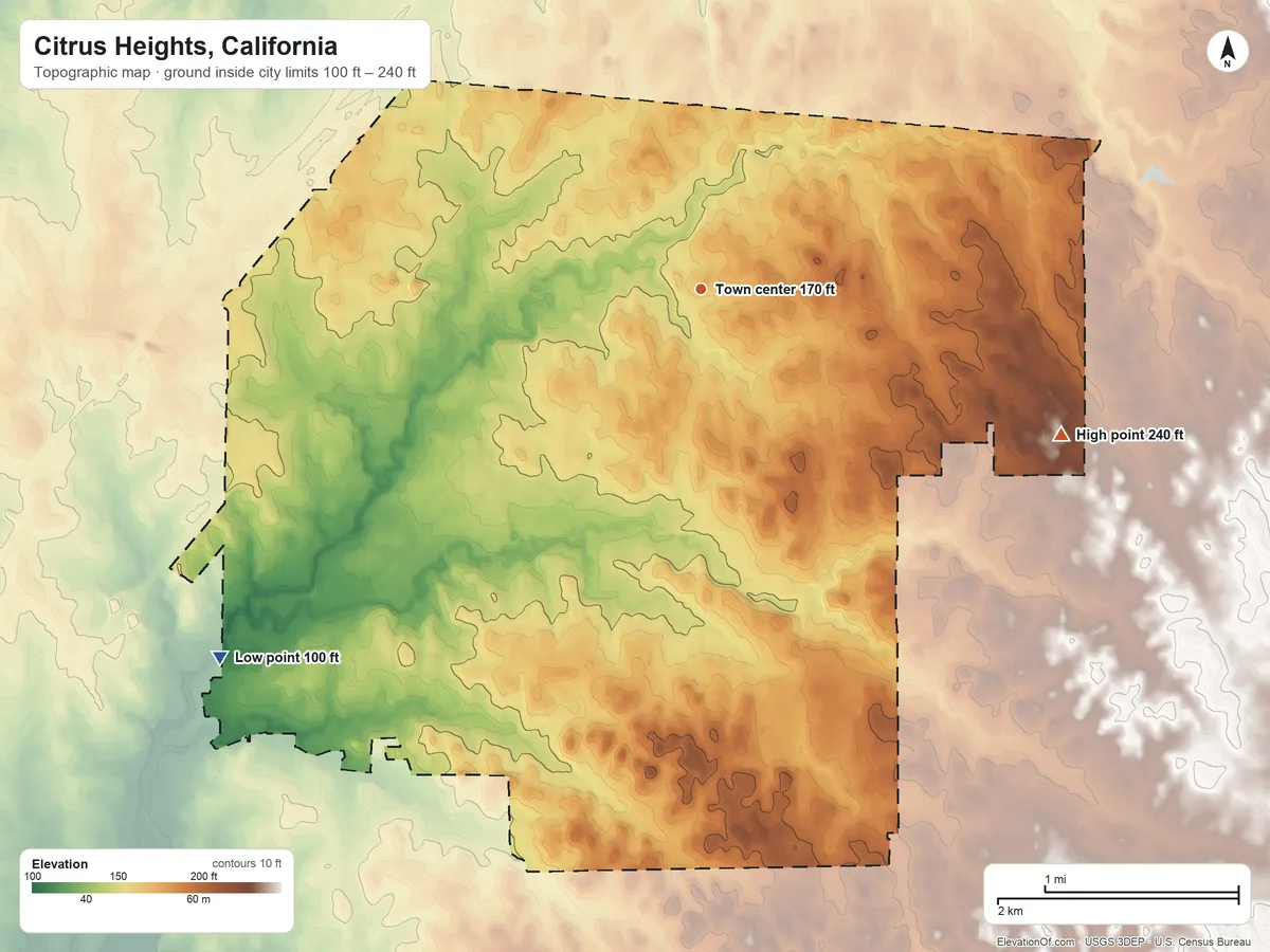 Topographic elevation map of Citrus Heights, California, shaded from 100 ft on the southwest side to 240 ft on the east side
