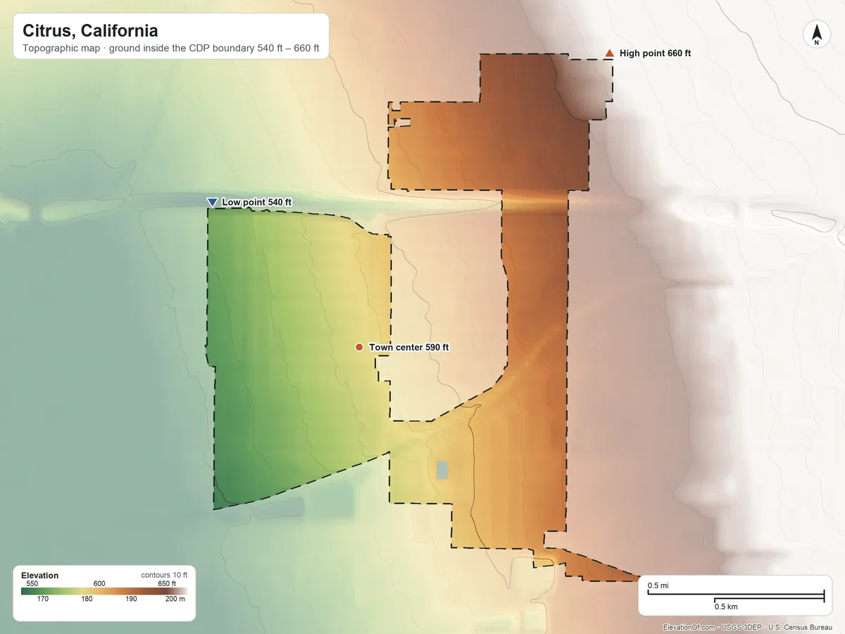 Topographic elevation map of Citrus, California, shaded from 540 ft on the northwest side to 660 ft at the foot of the South Hills
