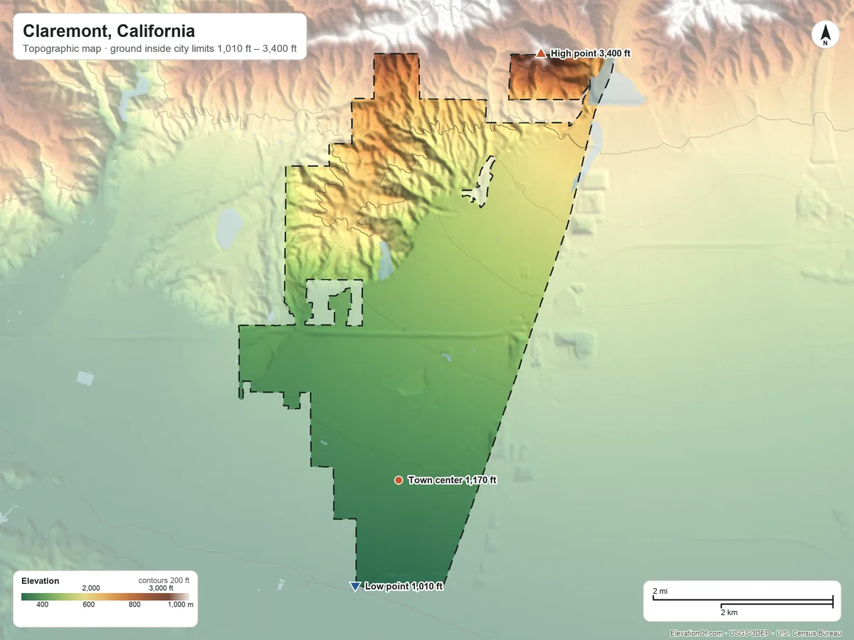 Topographic elevation map of Claremont, California, shaded from 1,010 ft on the south side to 3,400 ft on the north edge, below higher ground just outside