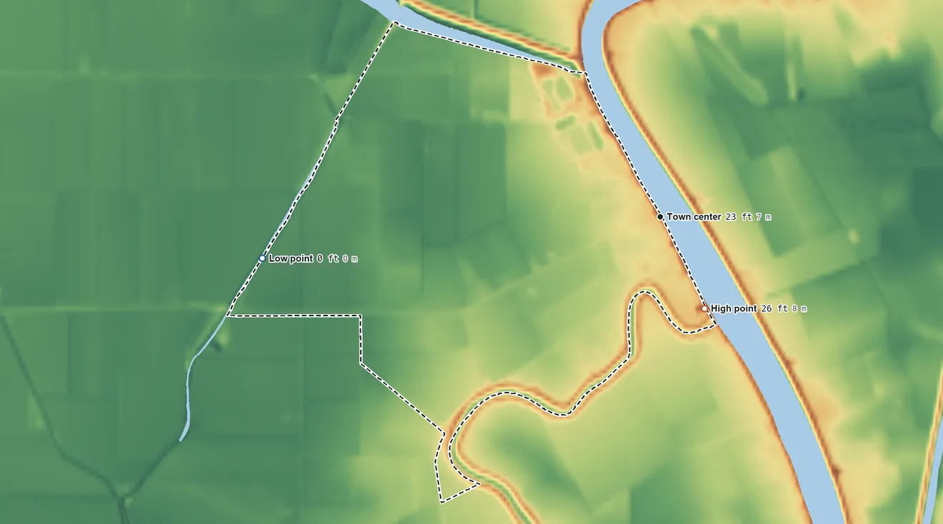 Topographic elevation map of Clarksburg, California, shaded from 0 ft on the west side to 26 ft on the southeast side