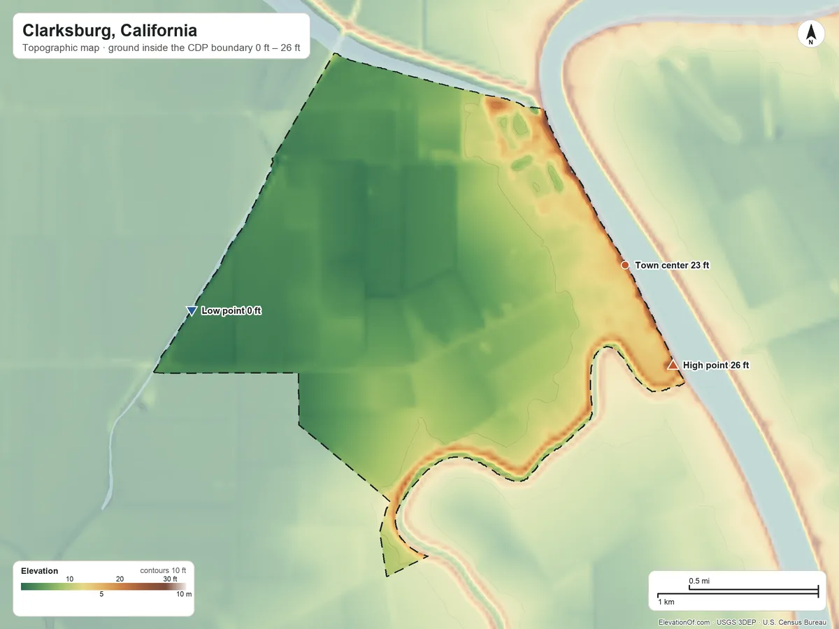 Topographic elevation map of Clarksburg, California, shaded from 0 ft on the west side to 26 ft on the southeast side