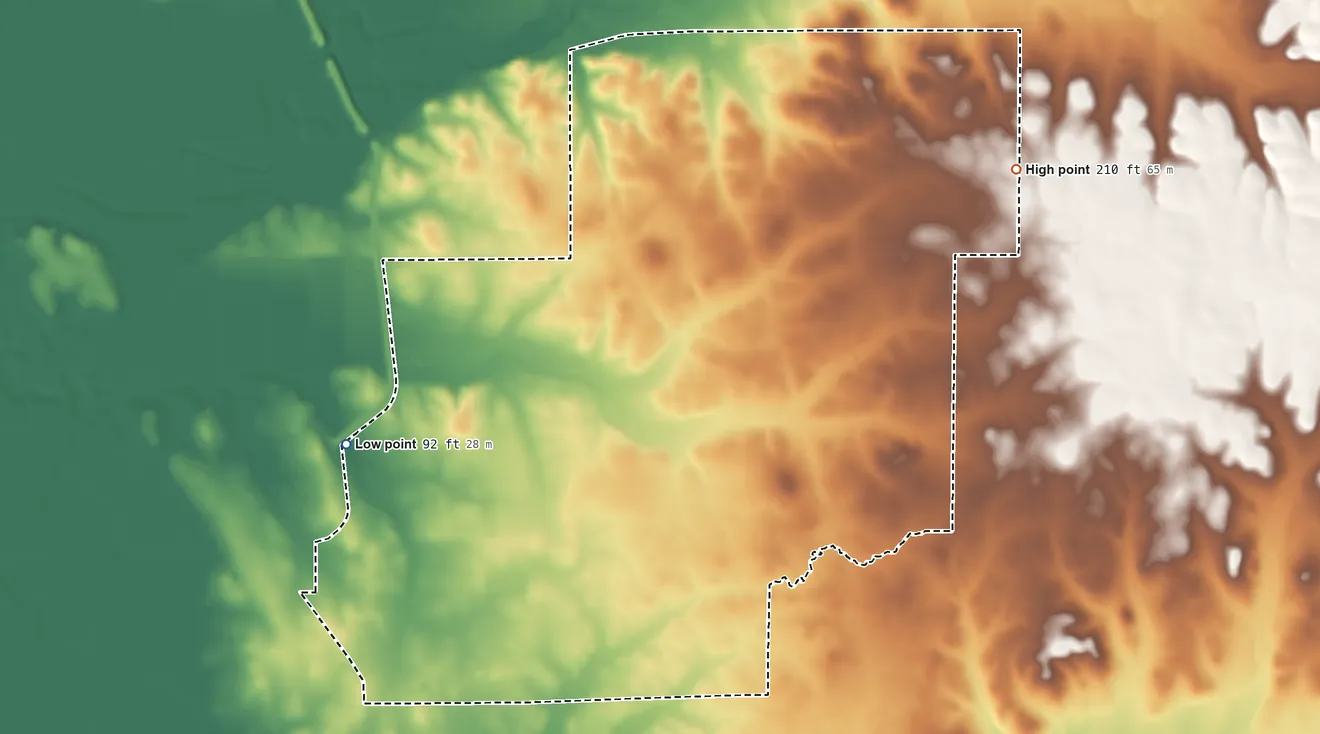 Topographic elevation map of Clay, California, shaded from 92 ft on the west side to 210 ft on the northeast side
