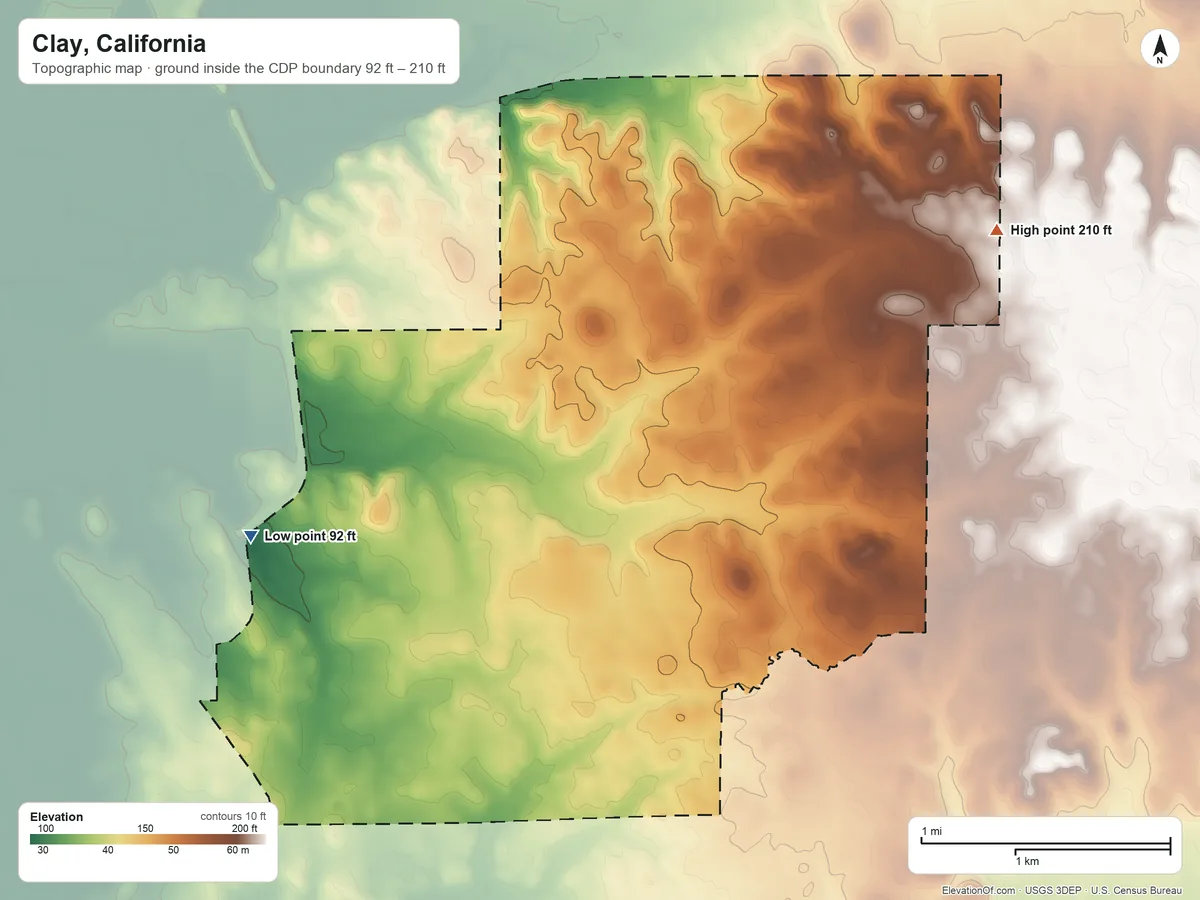 Topographic elevation map of Clay, California, shaded from 92 ft on the west side to 210 ft on the northeast side