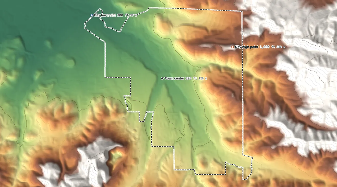 Topographic elevation map of Clayton, California, shaded from 300 ft on the northwest side to 1,080 ft at the foot of the Black Hills
