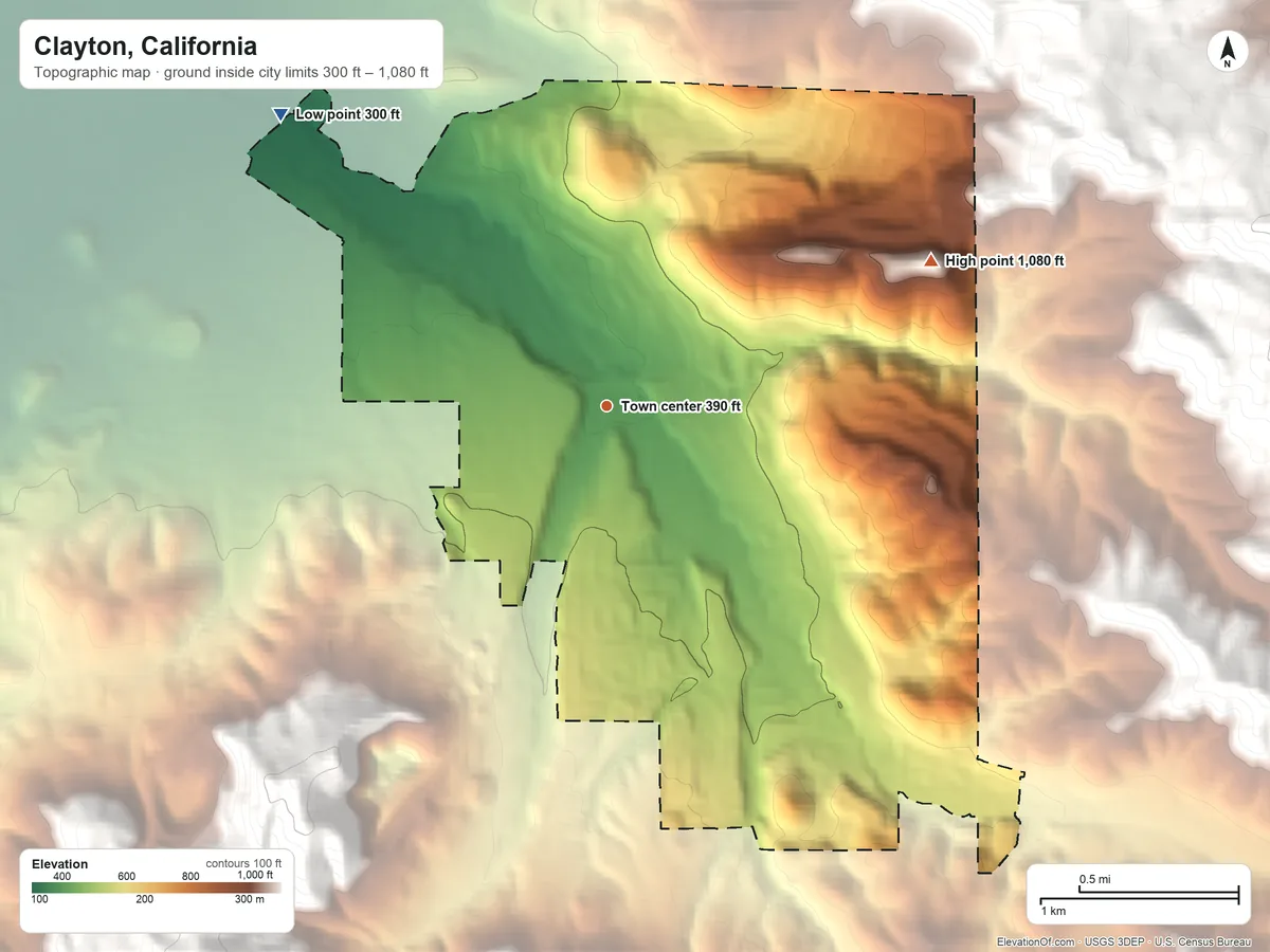 Topographic elevation map of Clayton, California, shaded from 300 ft on the northwest side to 1,080 ft at the foot of the Black Hills