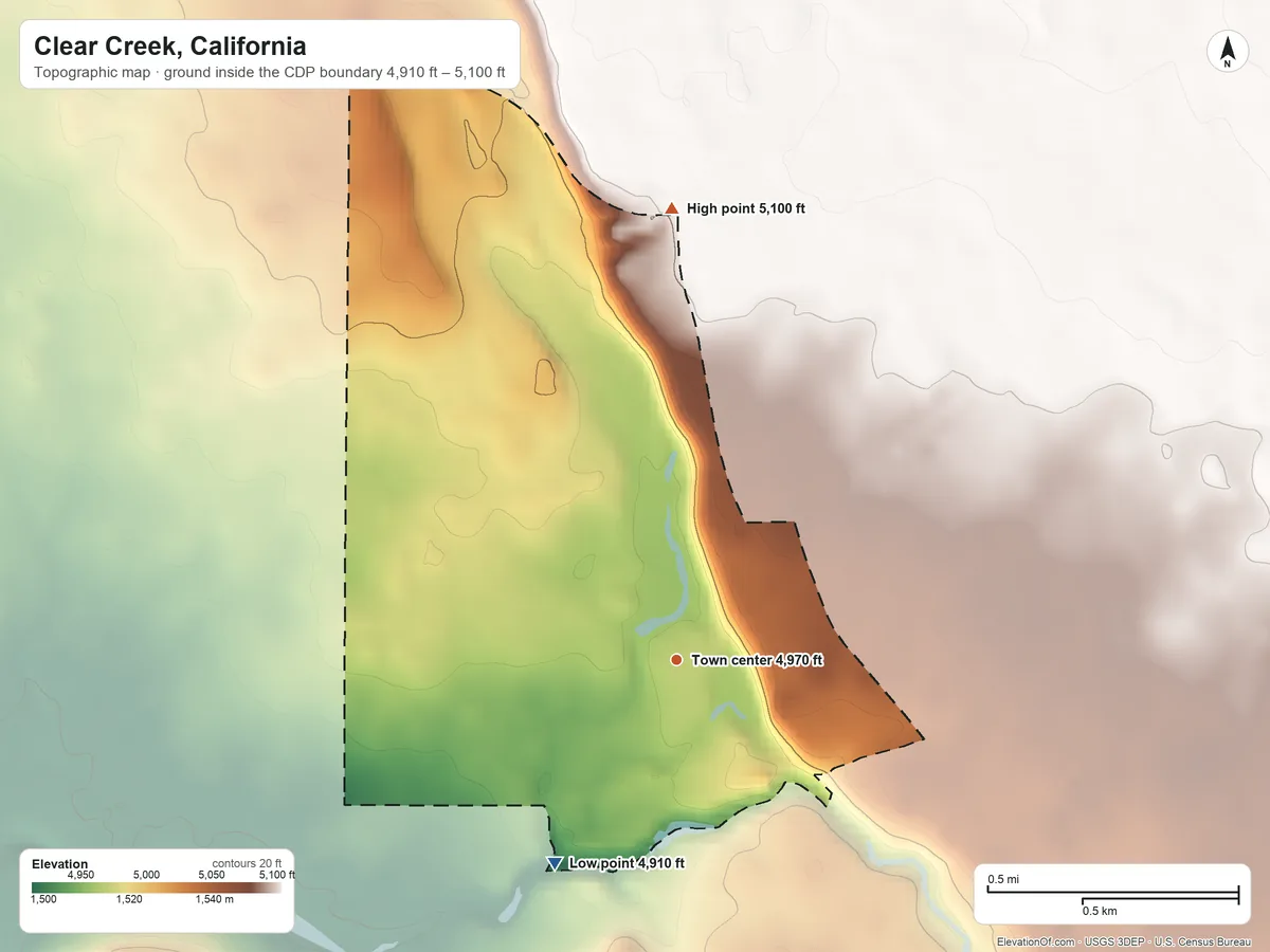 Topographic elevation map of Clear Creek, California, shaded from 4,910 ft on the southwest side to 5,100 ft on the north edge, below higher ground just outside