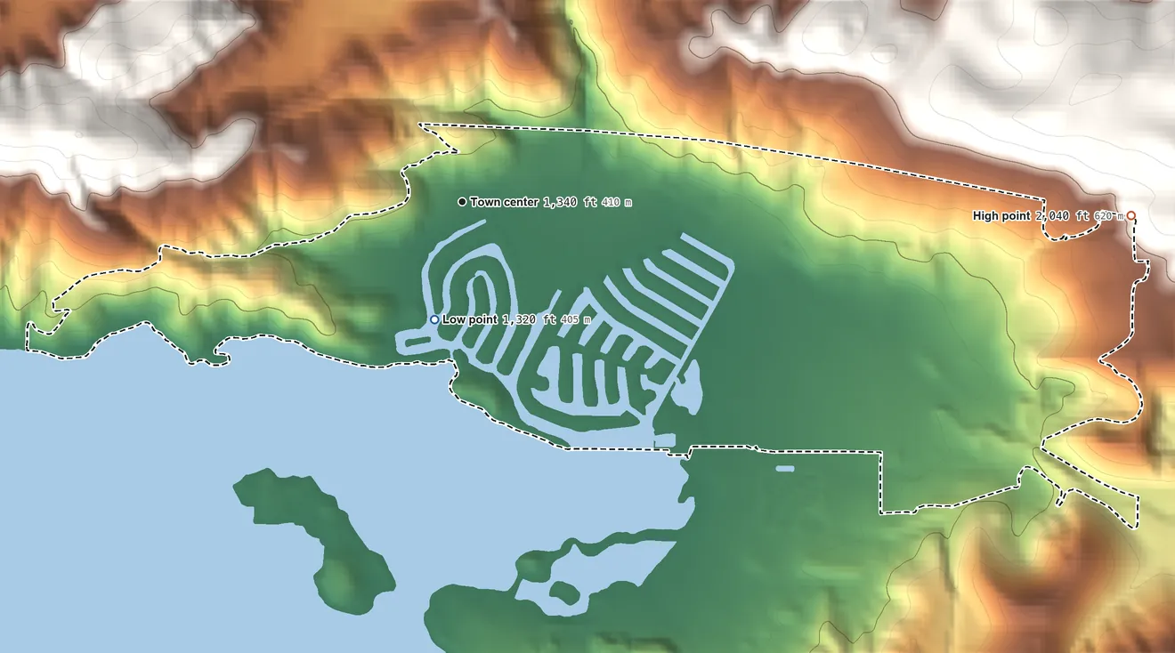 Topographic elevation map of Clearlake Oaks, California, shaded from 1,320 ft on the south side to 2,040 ft on the east edge, below higher ground just outside