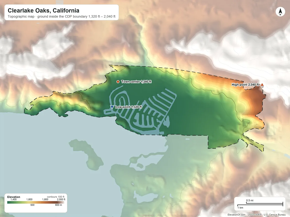 Topographic elevation map of Clearlake Oaks, California, shaded from 1,320 ft on the south side to 2,040 ft on the east edge, below higher ground just outside