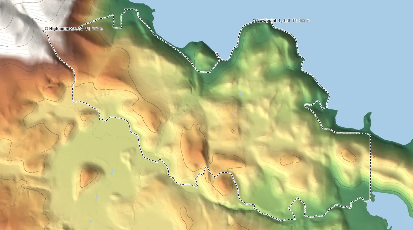 Topographic elevation map of Clearlake Riviera, California, shaded from 1,320 ft on the northeast side to 2,790 ft on the northwest edge, below higher ground just outside