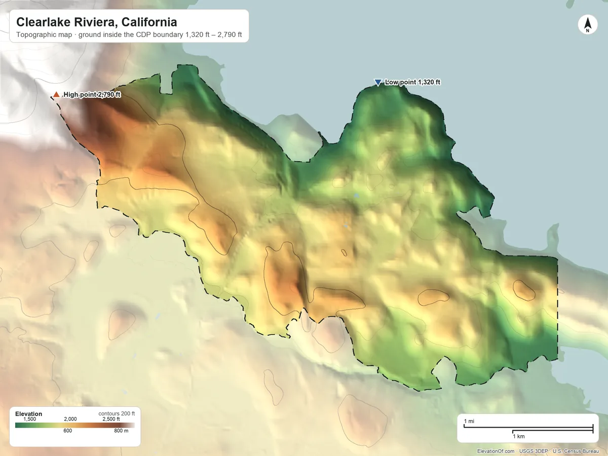Topographic elevation map of Clearlake Riviera, California, shaded from 1,320 ft on the northeast side to 2,790 ft on the northwest edge, below higher ground just outside