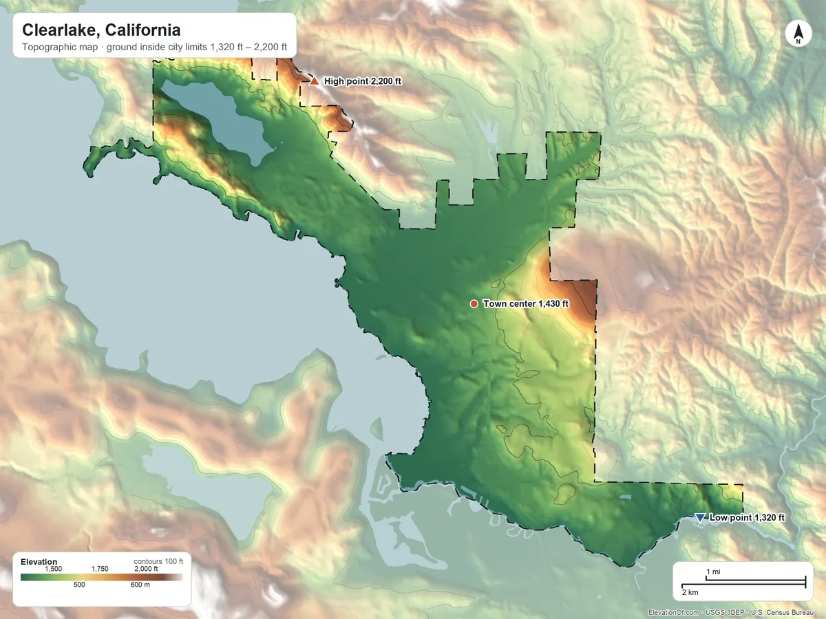 Topographic elevation map of Clearlake, California, shaded from 1,320 ft on the southeast side to 2,200 ft on the northwest side
